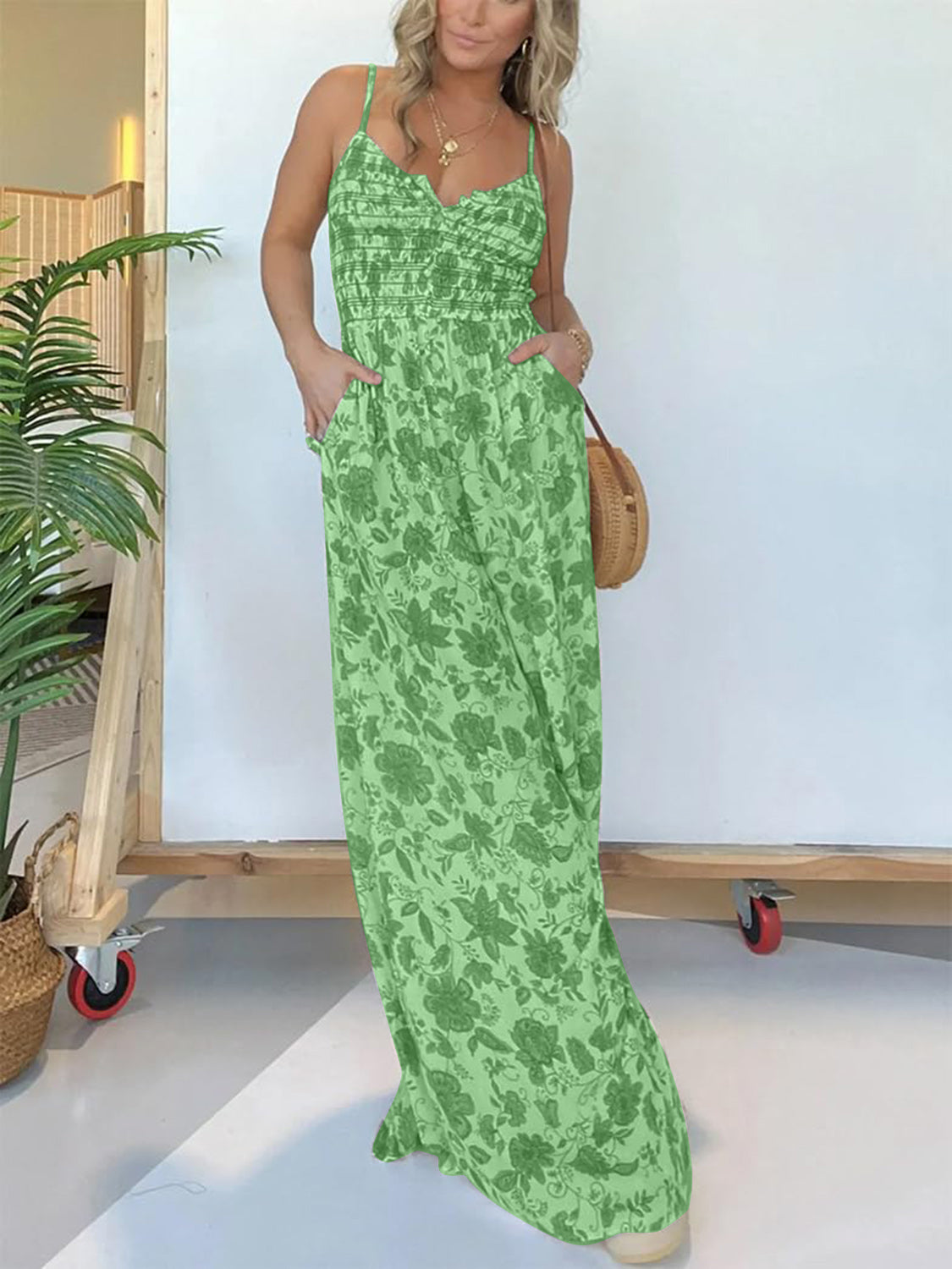 Full Size Printed Spaghetti Strap Wide Leg Jumpsuit Sunset and Swim Green S 