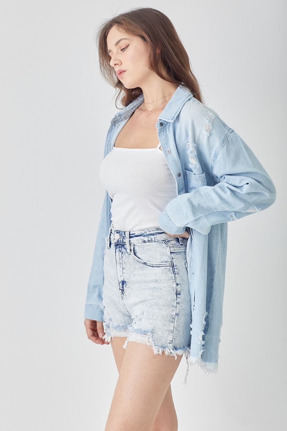 RISEN Raw Hem Distressed High Rise Denim Shorts Sunset and Swim   