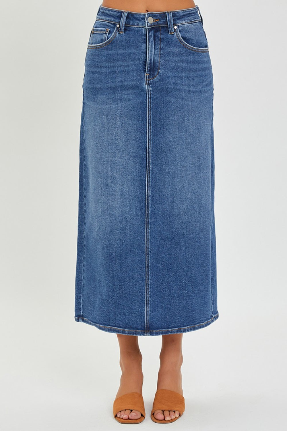 RISEN High Rise Back Slit Denim Skirt Sunset and Swim   