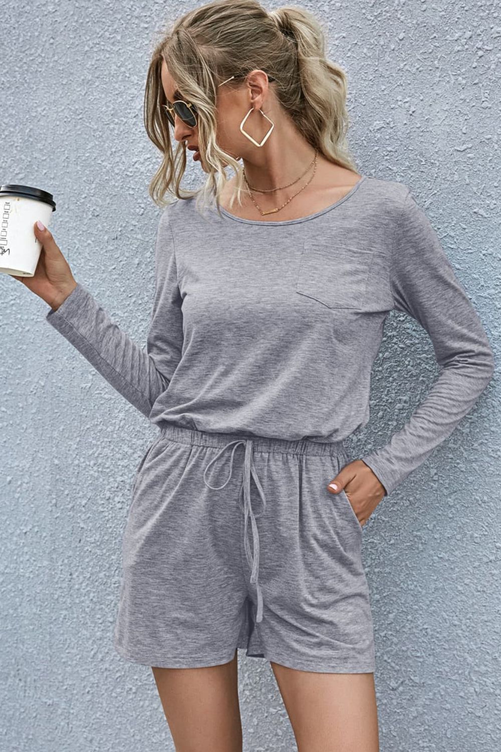 Drawstring Waist Long Sleeve Romper Sunset and Swim Gray Dawn S 