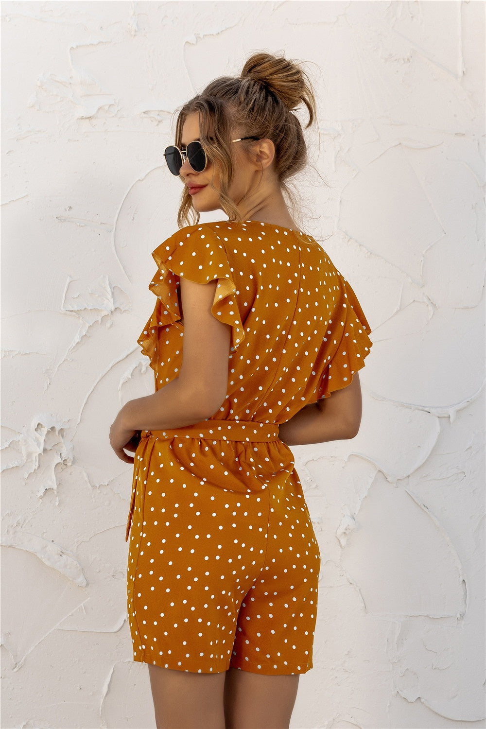 Sunset and Swim  Ruffled Polka Dot Half Button Romper Sunset and Swim   