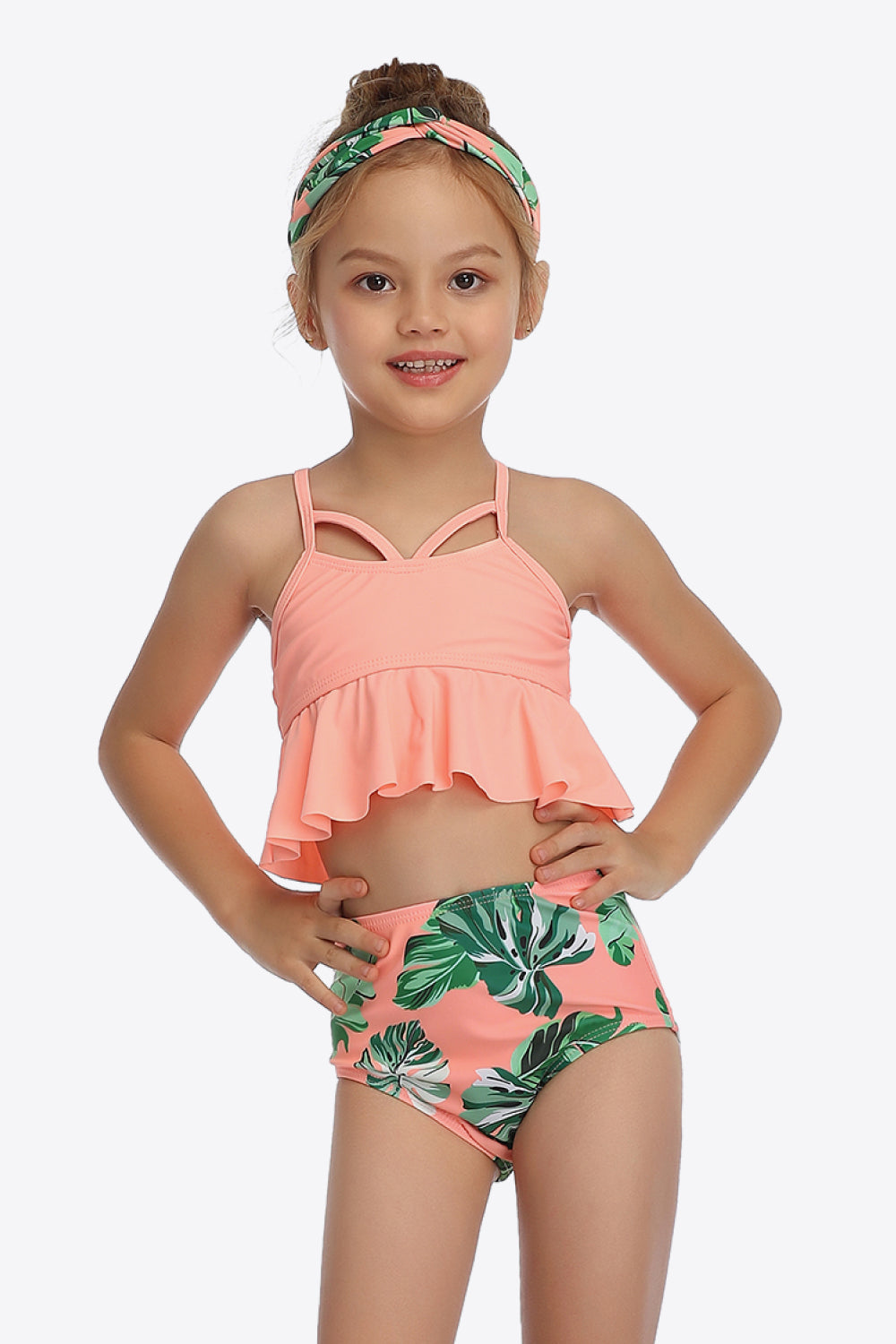 Botanical Print Crisscross Ruffled Two-Piece Swim Set Sunset and Swim Coral 4T 