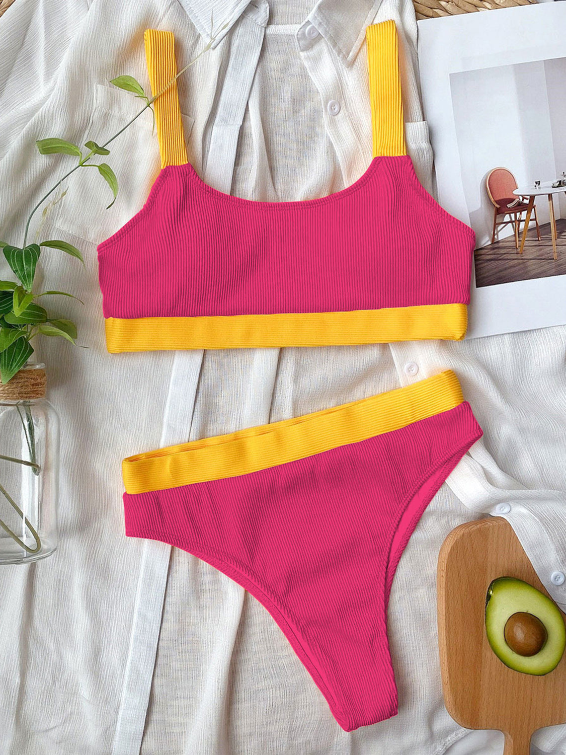 Sunset Vacation  Contrast Scoop Neck Wide Strap Two-Piece Swim Set Sunset and Swim   