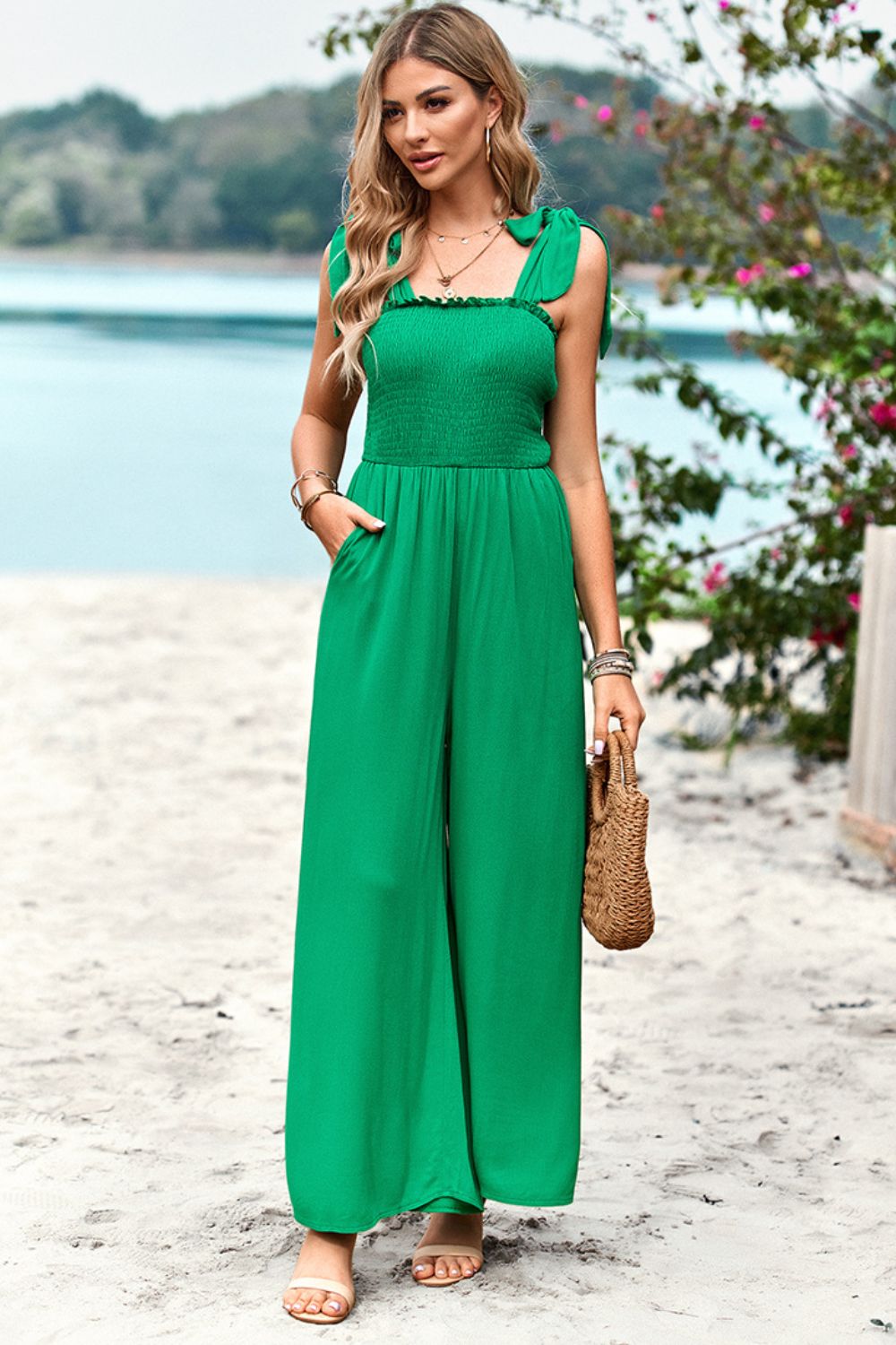 Sunset and Swim Frill Trim Tie Shoulder Wide Leg Jumpsuit with Pockets Sunset and Swim   