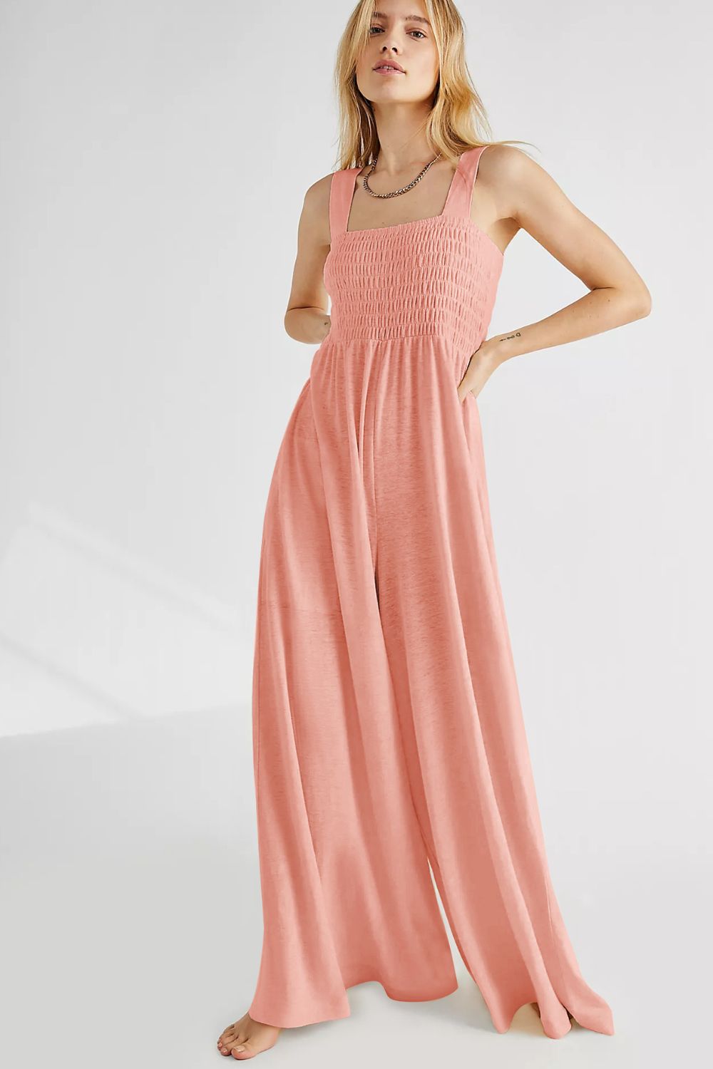 Smocked Square Neck Wide Leg Jumpsuit with Pockets Sunset and Swim   