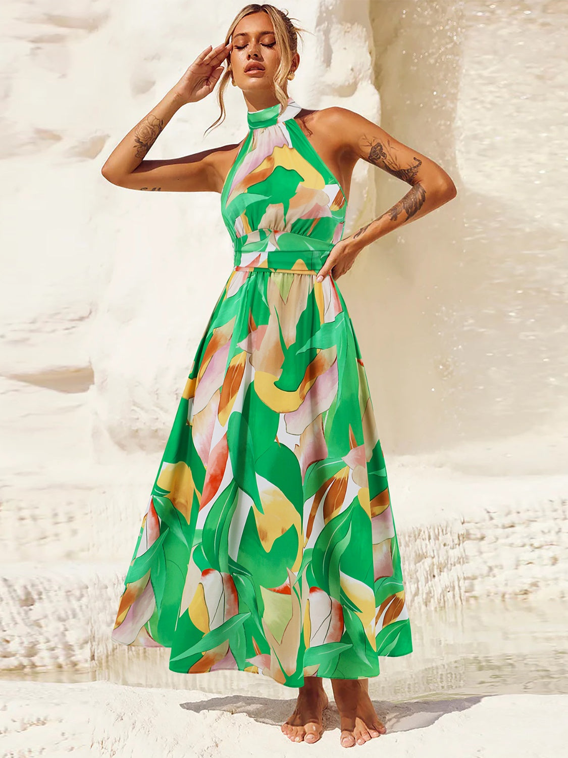 Sunset Vacation Ruched Printed Halter Neck Sleeveless Dress Sunset and Swim Green S 