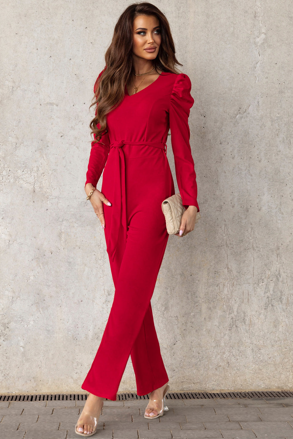 Sunset and Swim Belted Long Puff Sleeve V-Neck Jumpsuit Sunset and Swim   