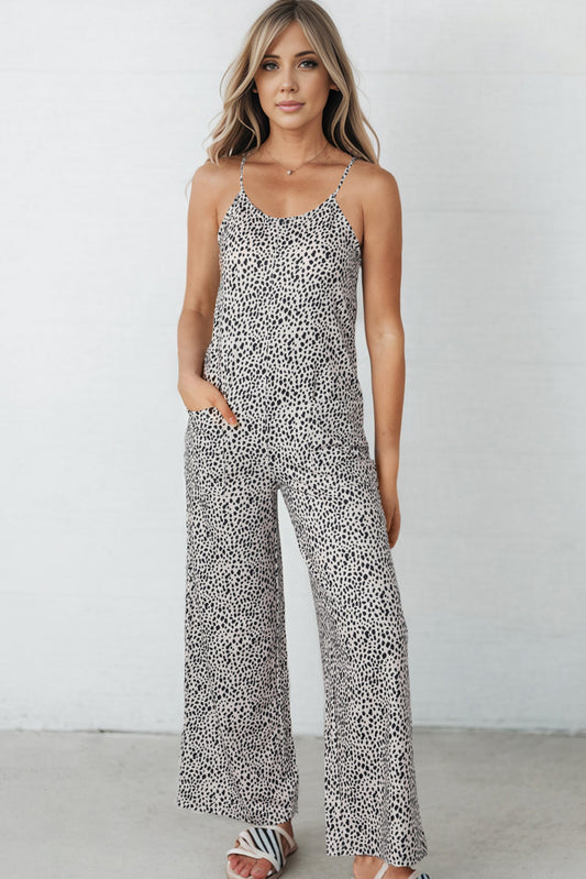 Printed Spaghetti Strap Jumpsuit with Pockets Sunset and Swim Beige S 