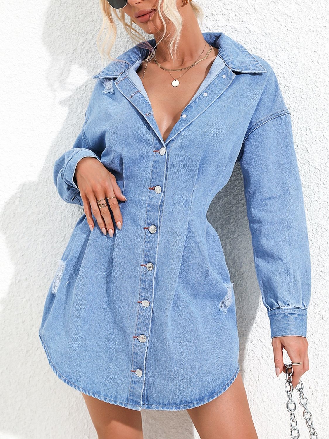 Distressed Button Up Long Sleeve Denim Dress Sunset and Swim   