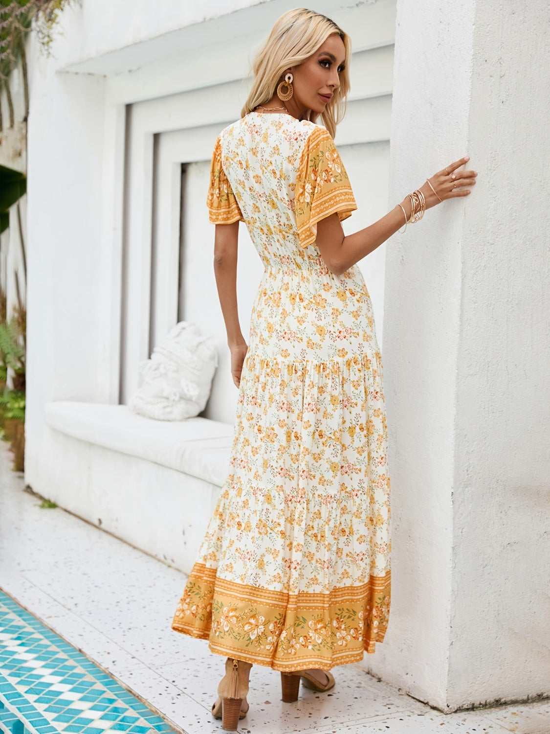 Printed Surplice Short Sleeve Maxi Dress Sunset and Swim   