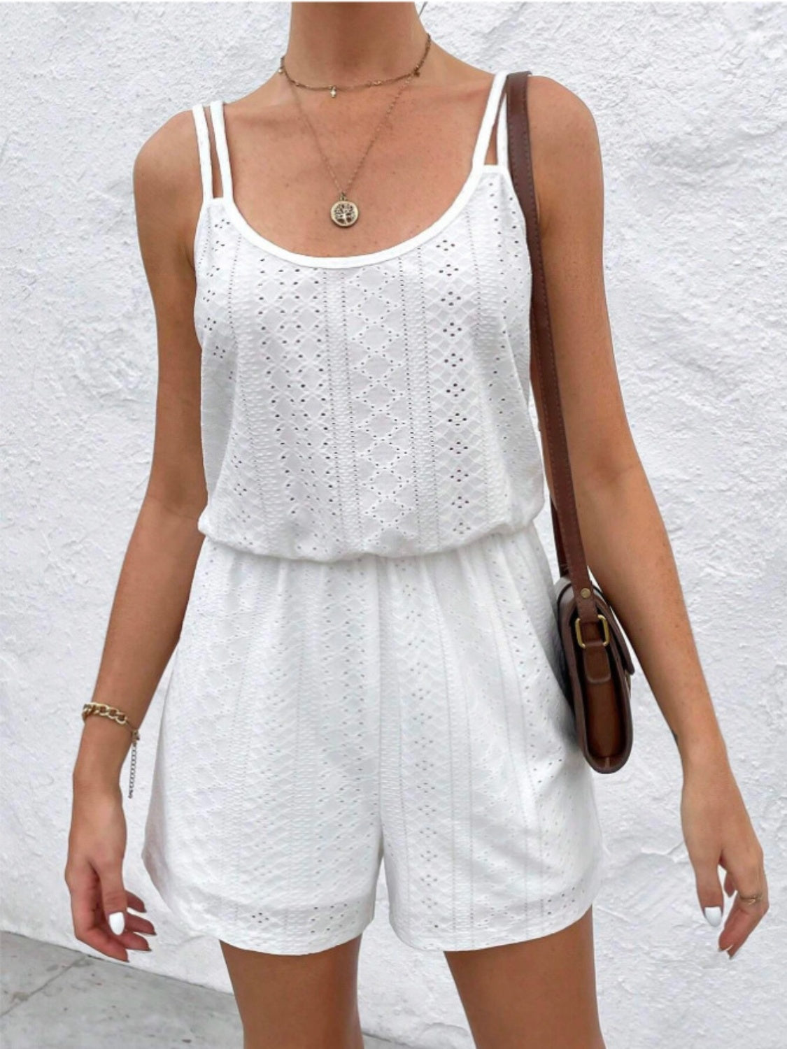 Eyelet Scoop Neck Double Spaghetti Straps Romper Sunset and Swim   