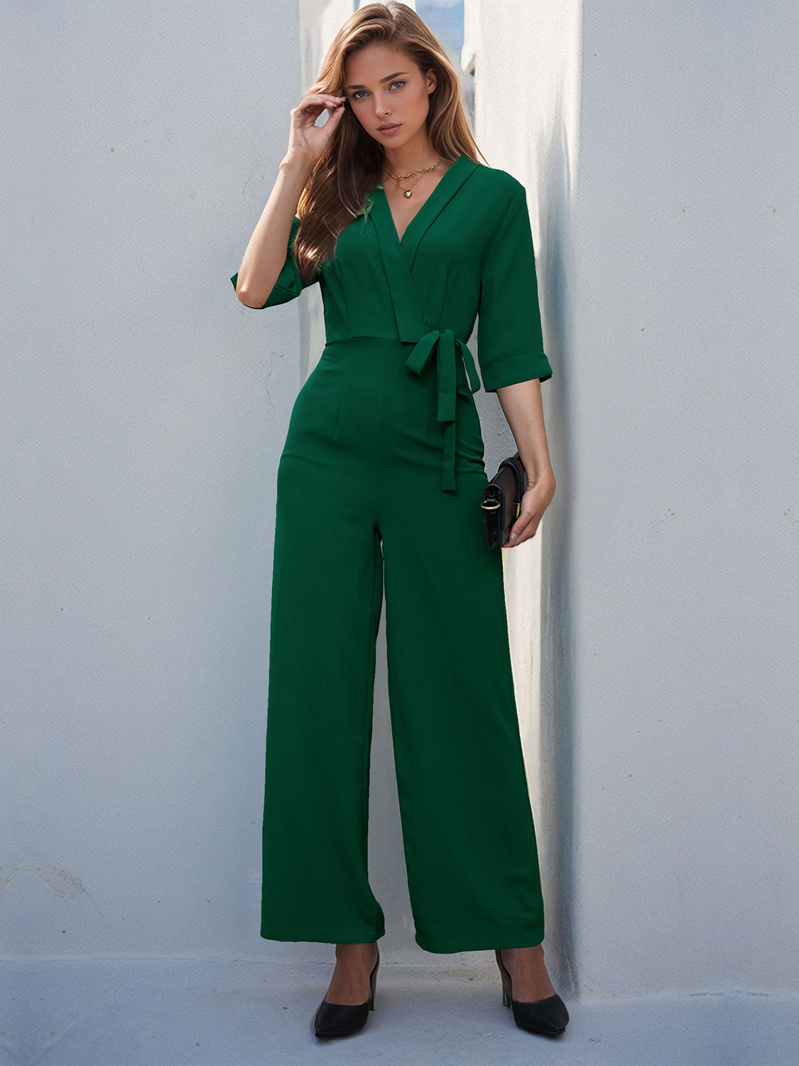 Sunset and Swim  Surplice Half Sleeve Wide Leg Jumpsuit Sunset and Swim Green S 