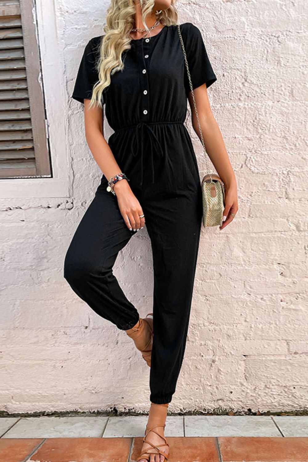 Sunset and Swim Button Front Short Sleeve Jogger Jumpsuit Sunset and Swim Black S 