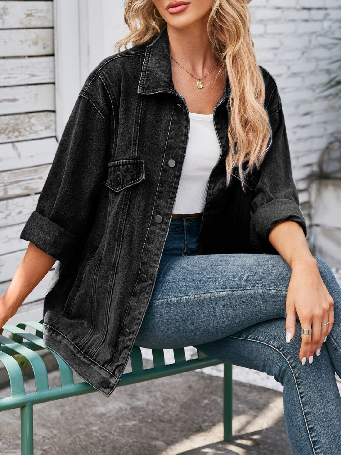 Button Up Long Sleeve Denim Jacket Sunset and Swim   