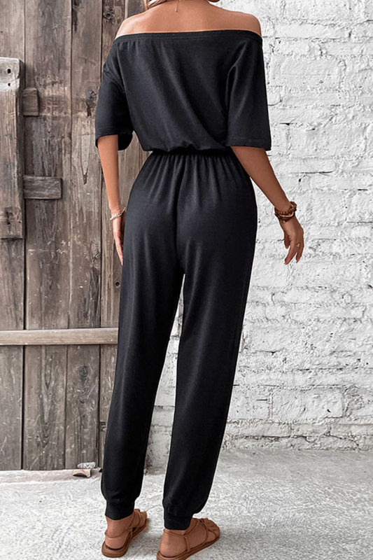 Off-Shoulder Jumpsuit with Pockets Sunset and Swim   