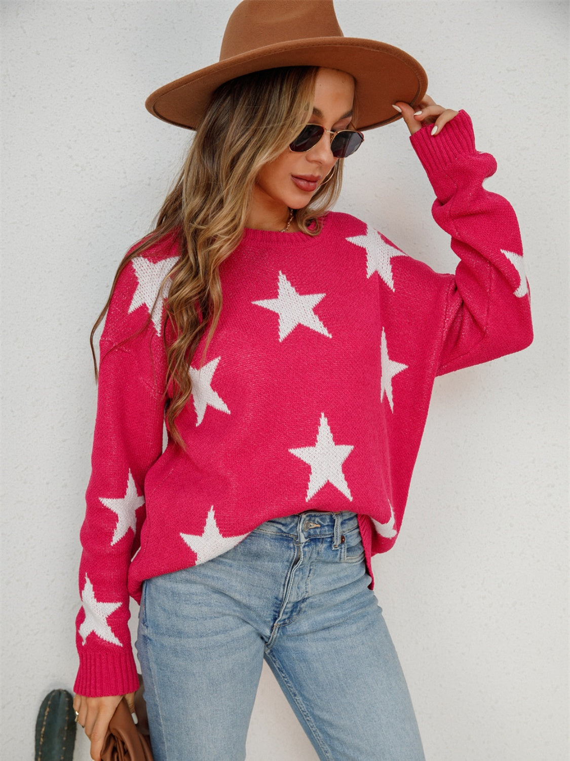 Star Round Neck Dropped Shoulder Sweater Sunset and Swim   