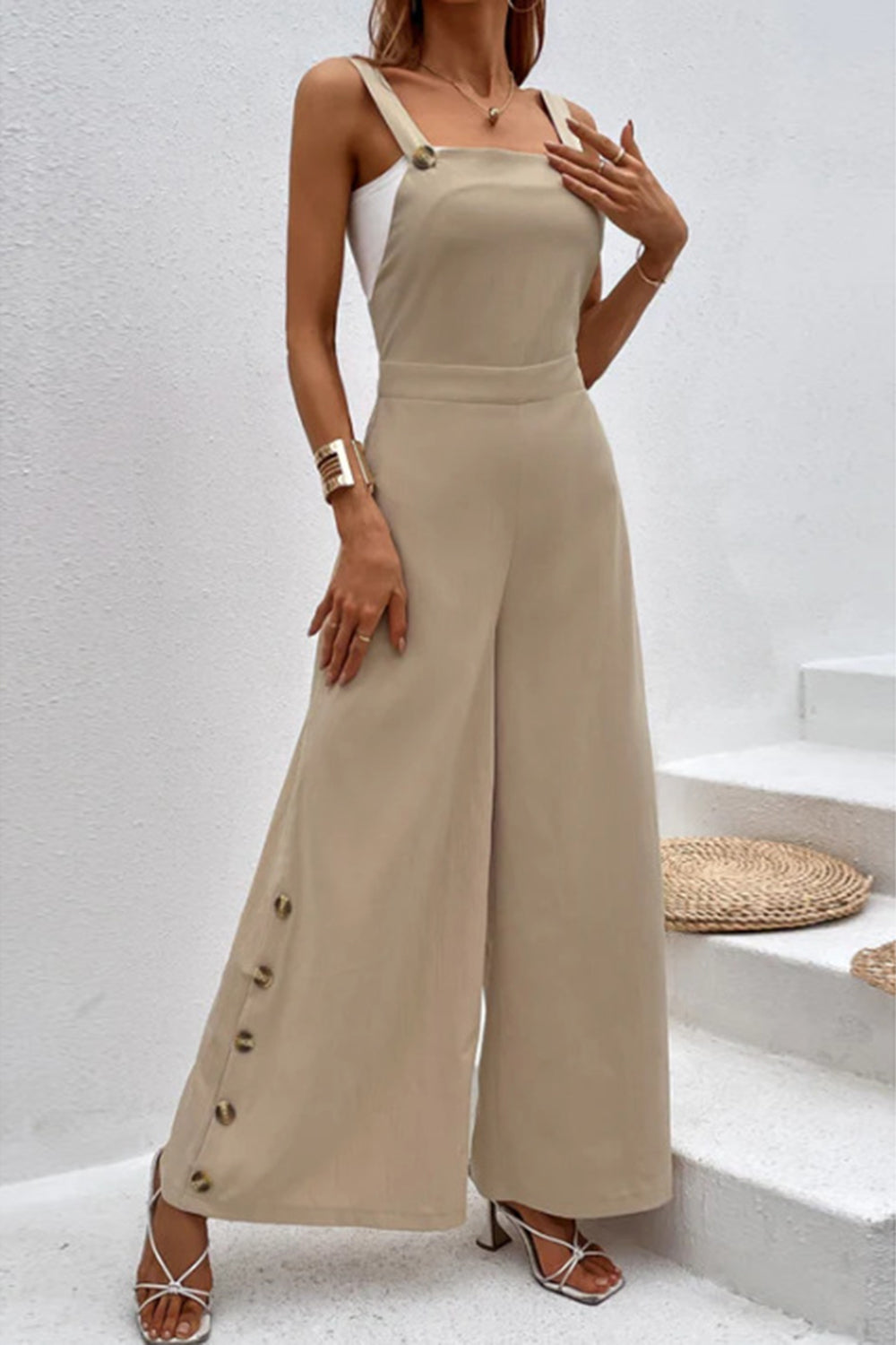 Square Neck Wide Strap Jumpsuit Sunset and Swim Tan S 