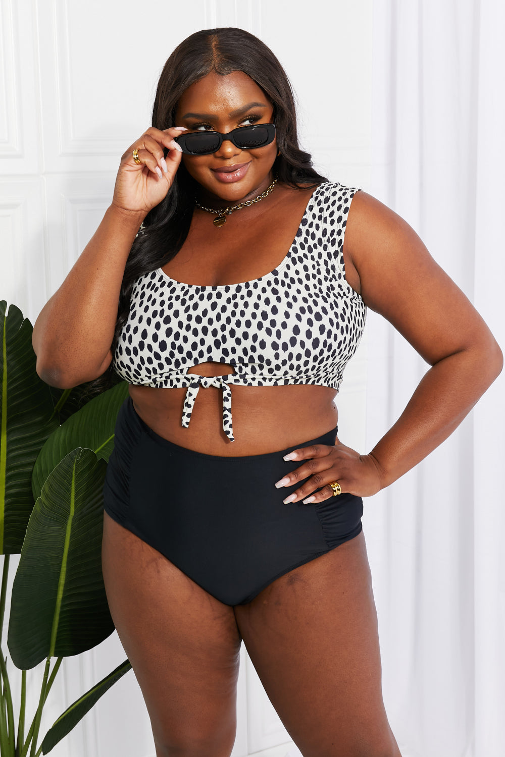 Marina West Swim Sanibel Crop Swim Top and Ruched Bottoms Set in Black  Sunset and Swim Cream/Black S 