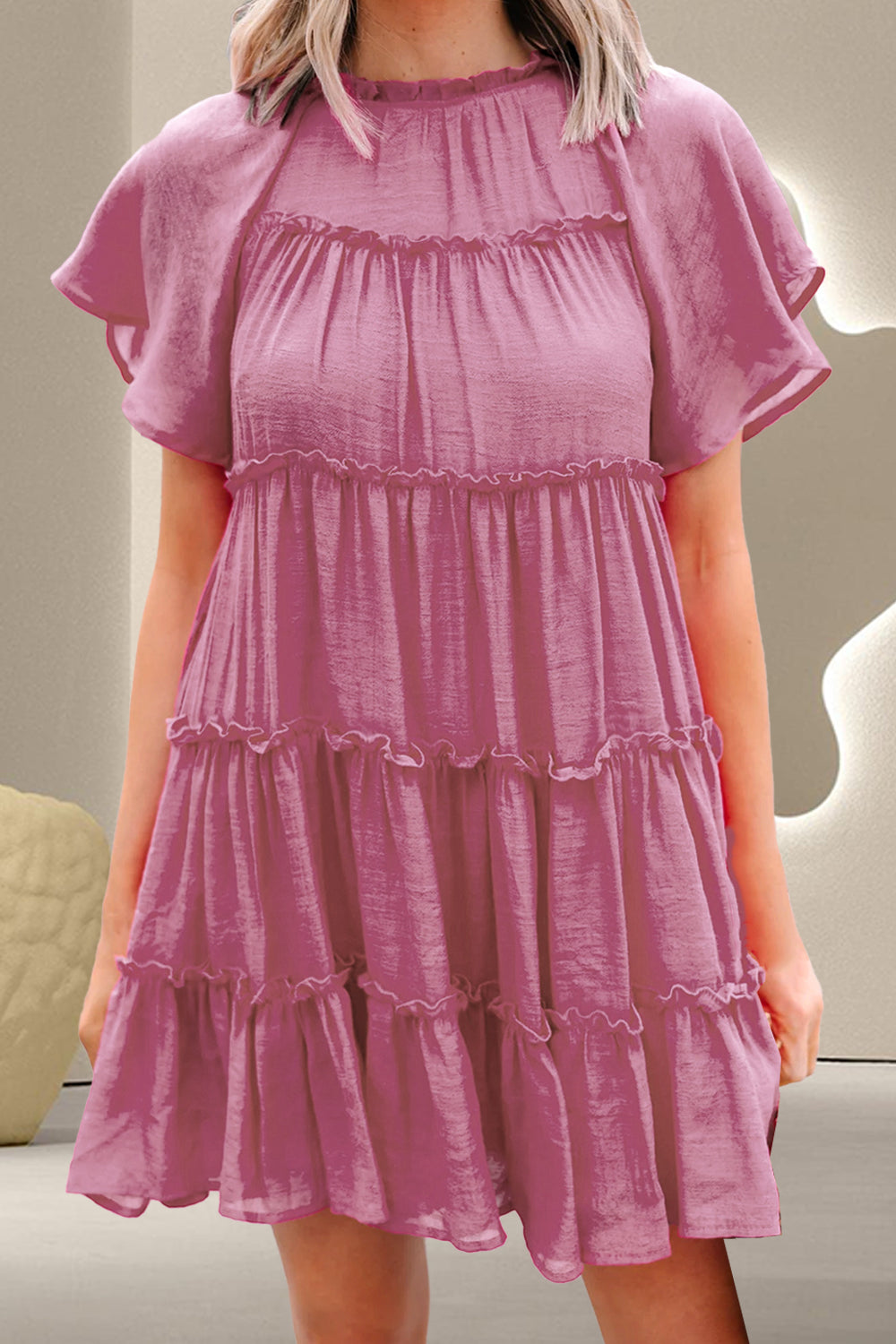 Frill Round Neck Short Sleeve Mini Dress Sunset and Swim Dusty Pink S 