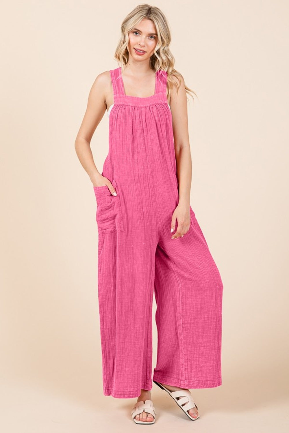 Culture Code Full Size Pocketed Sleeveless Wide Leg Overalls Sunset and Swim Pink Girl S 