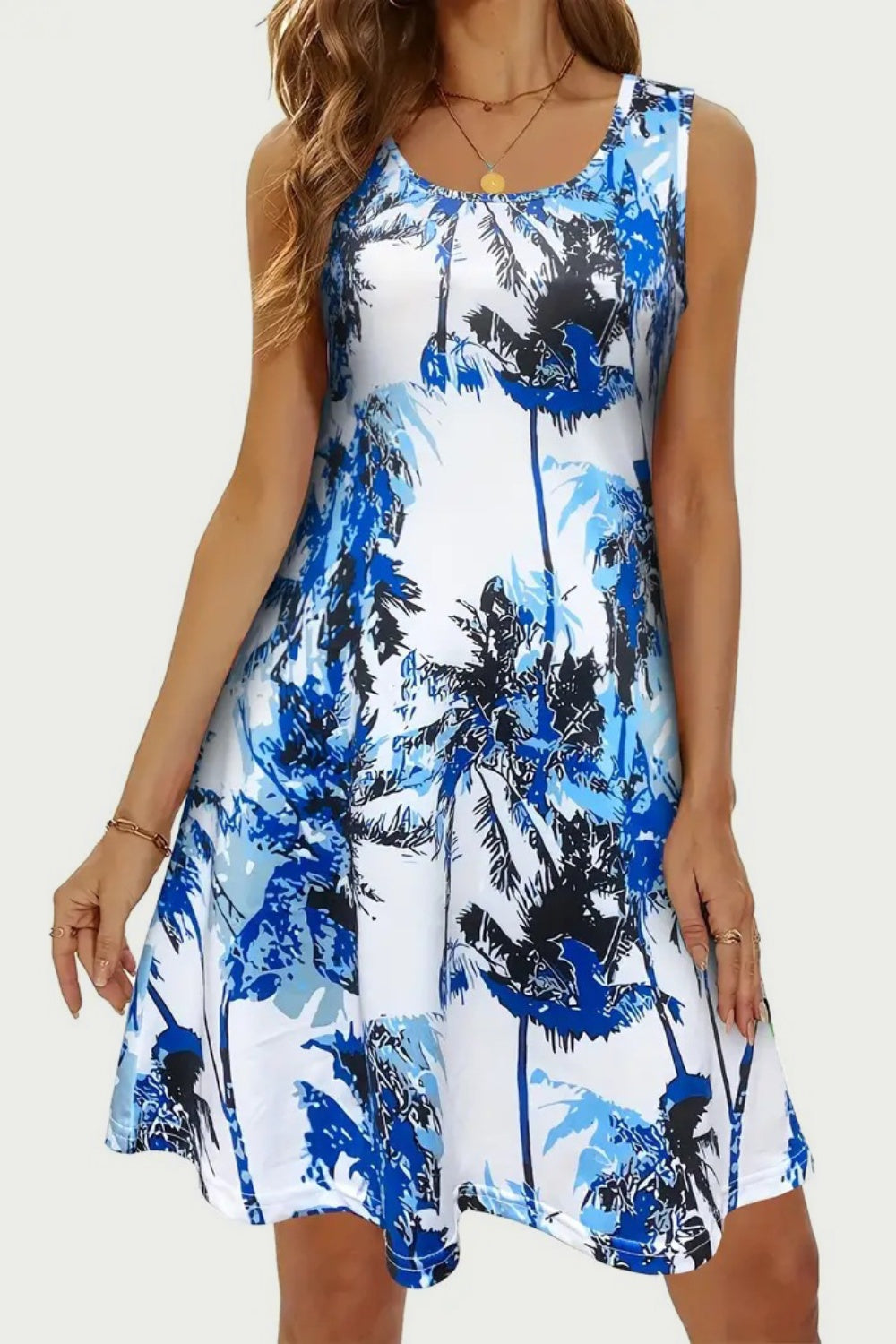 Printed Scoop Neck Wide Strap Mini Dress Sunset and Swim Royal Blue S 