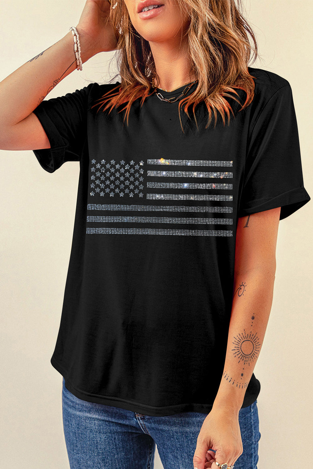 Rhinestone USA Flag Round Neck Short Sleeve T-Shirt Sunset and Swim   