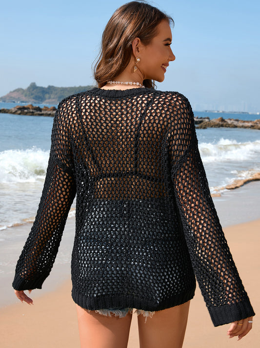 Sunset Vacation  Heart Openwork Long Sleeve Cover-Up