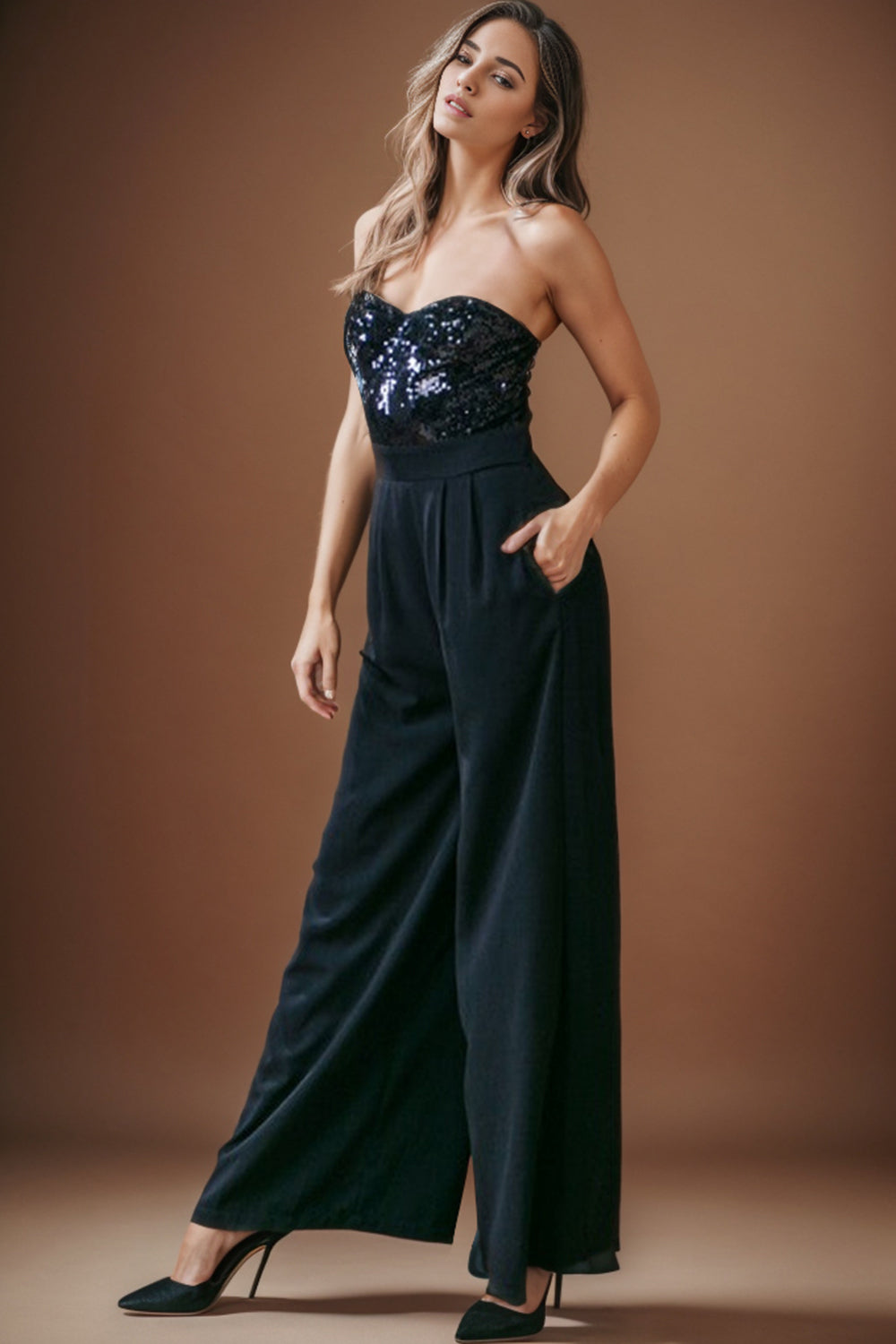 Sequin Tube Wide Leg Jumpsuit Sunset and Swim Black S 