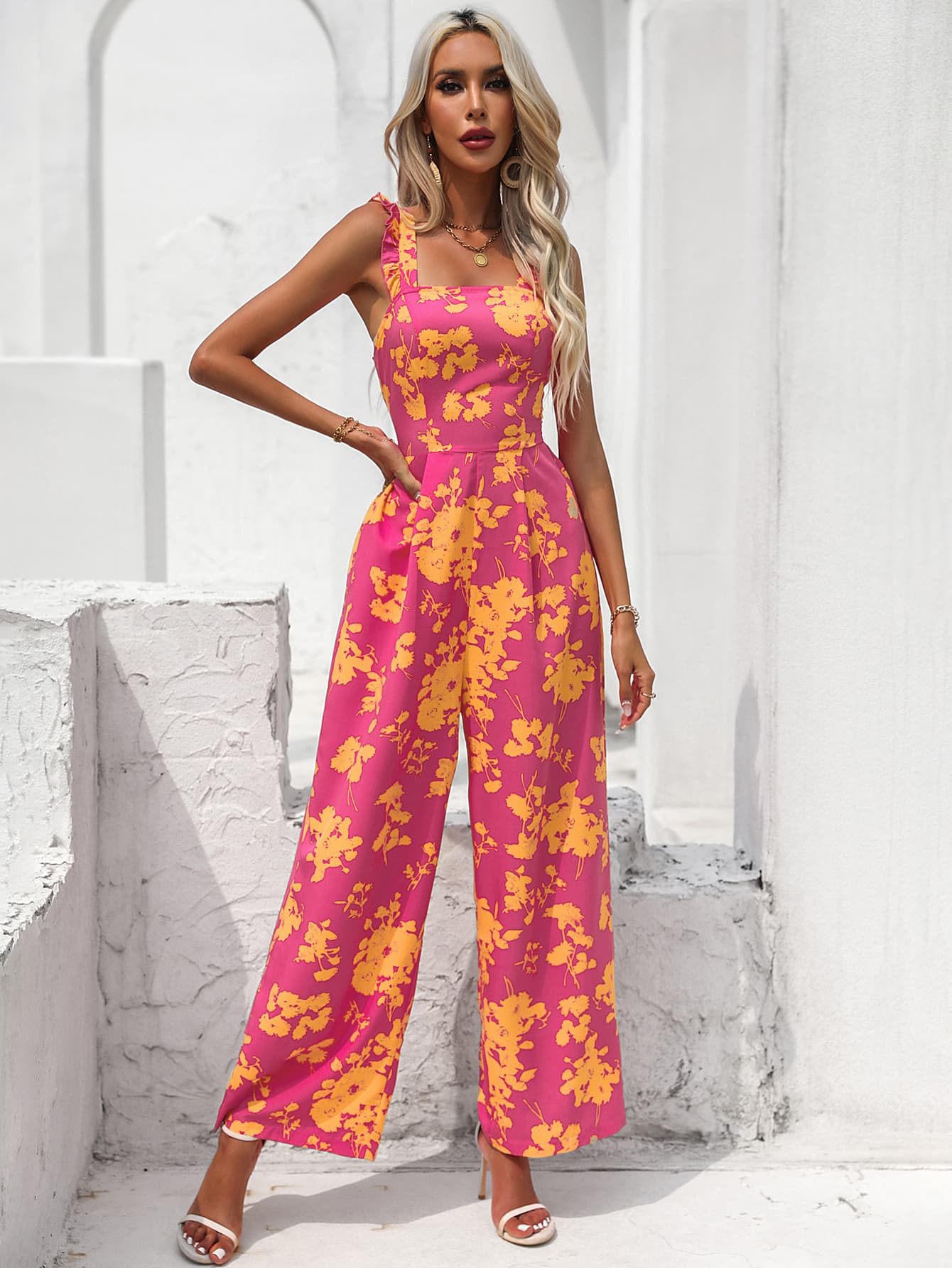 Floral Square Neck Cutout Tie Back Jumpsuit Sunset and Swim   