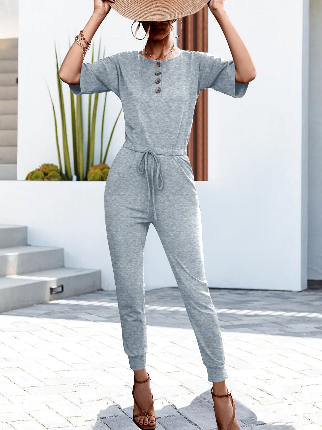 Sunset and Swim Buttoned Half Sleeve Round Neck Jumpsuit Sunset and Swim Gray Dawn S 