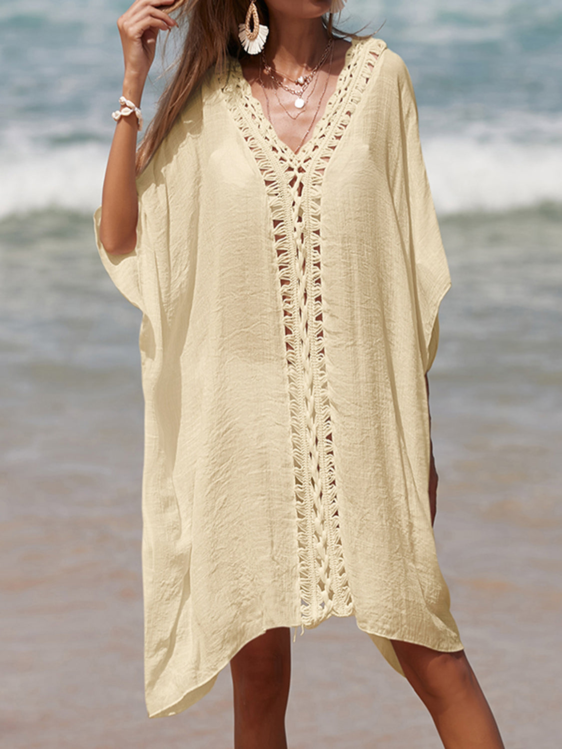 Sunset Vacation  Cutout V-Neck Three-Quarter Sleeve Beach Cover Up Sunset and Swim Tan One Size 