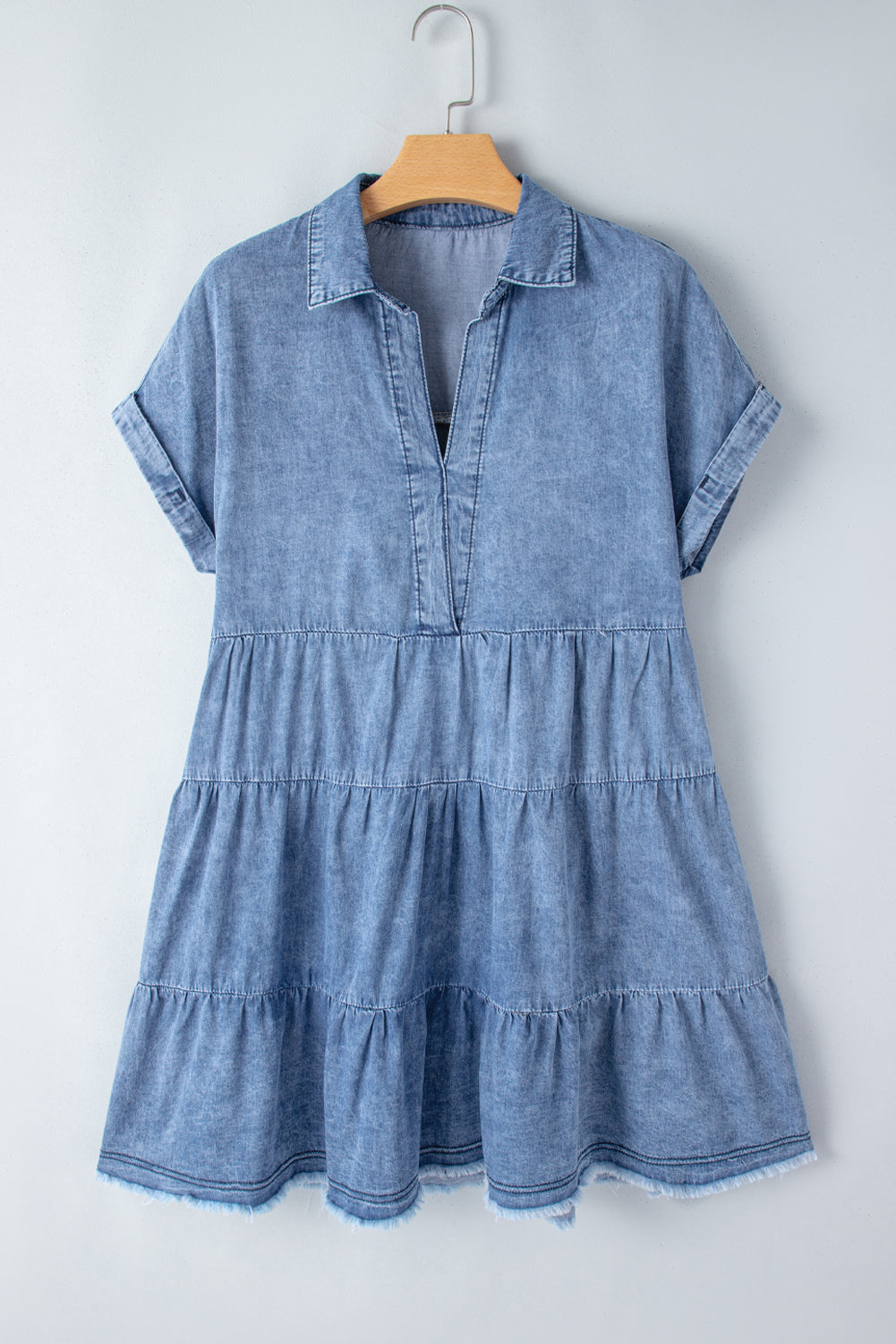 Raw Hem Collared Neck Short Sleeve Denim Dress Sunset and Swim   