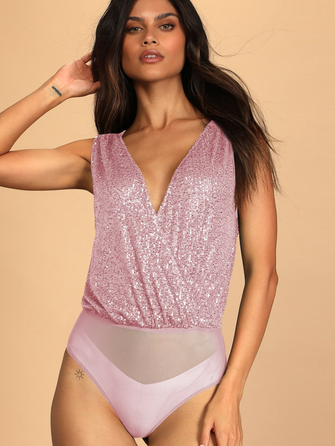 Sequin Surplice Sleeveless Bodysuit Sunset and Swim   