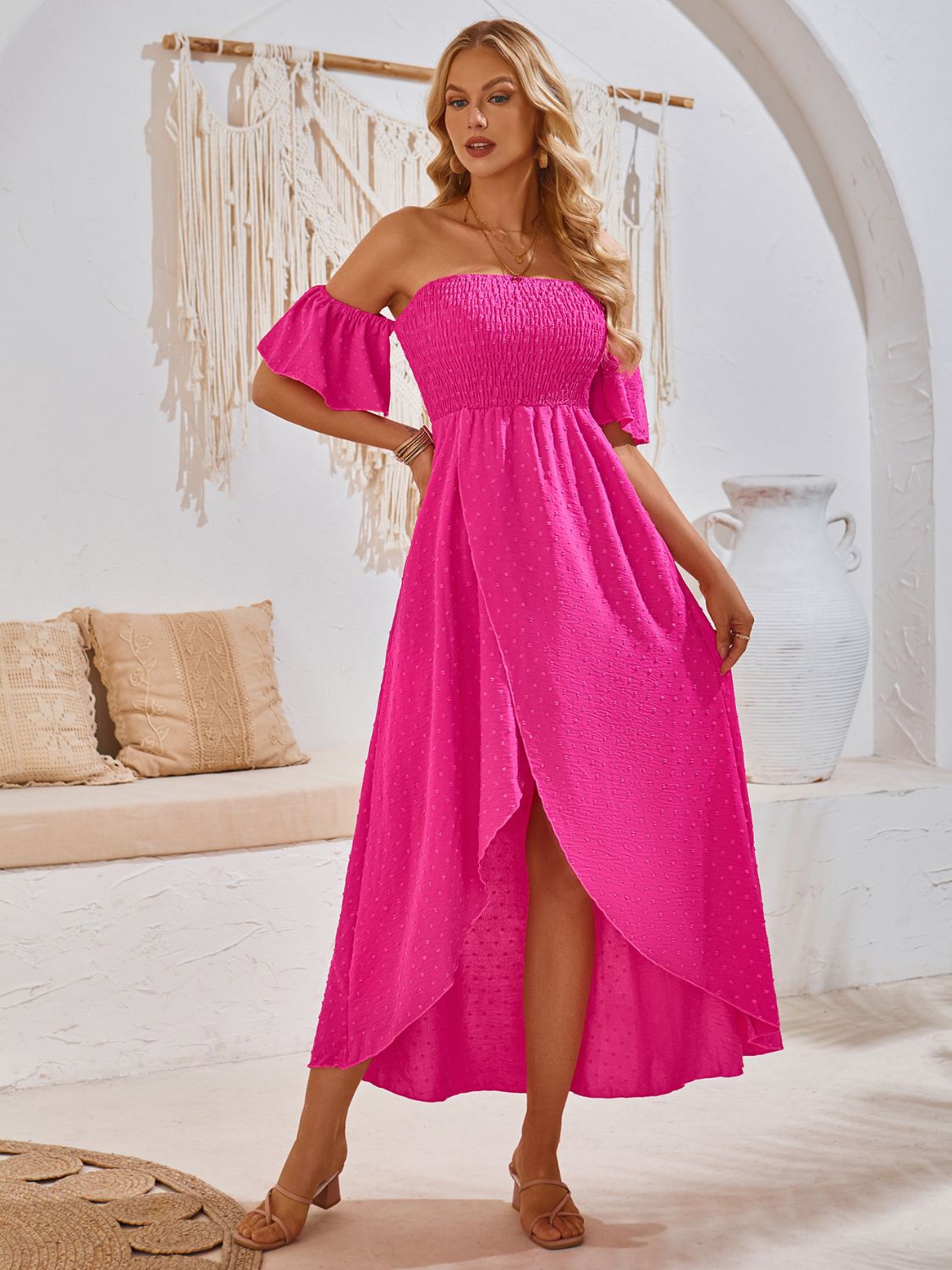 Sunset Vacation High-Low Smocked Short Sleeve Midi Dress Sunset and Swim Hot Pink S 