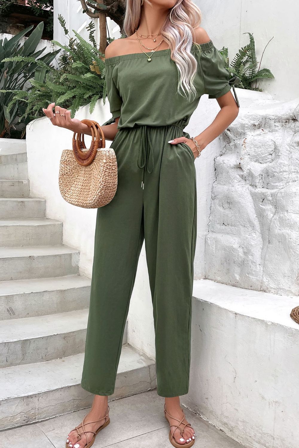 Off-Shoulder Tie Cuff Jumpsuit with Pockets Sunset and Swim   