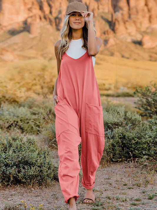 Double Take Full Size Sleeveless V-Neck Pocketed Jumpsuit  Sunset and Swim Coral S 