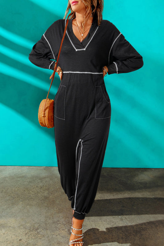 Contrast Stitching Pocketed Dropped Shoulder Jumpsuit Sunset and Swim Black S 