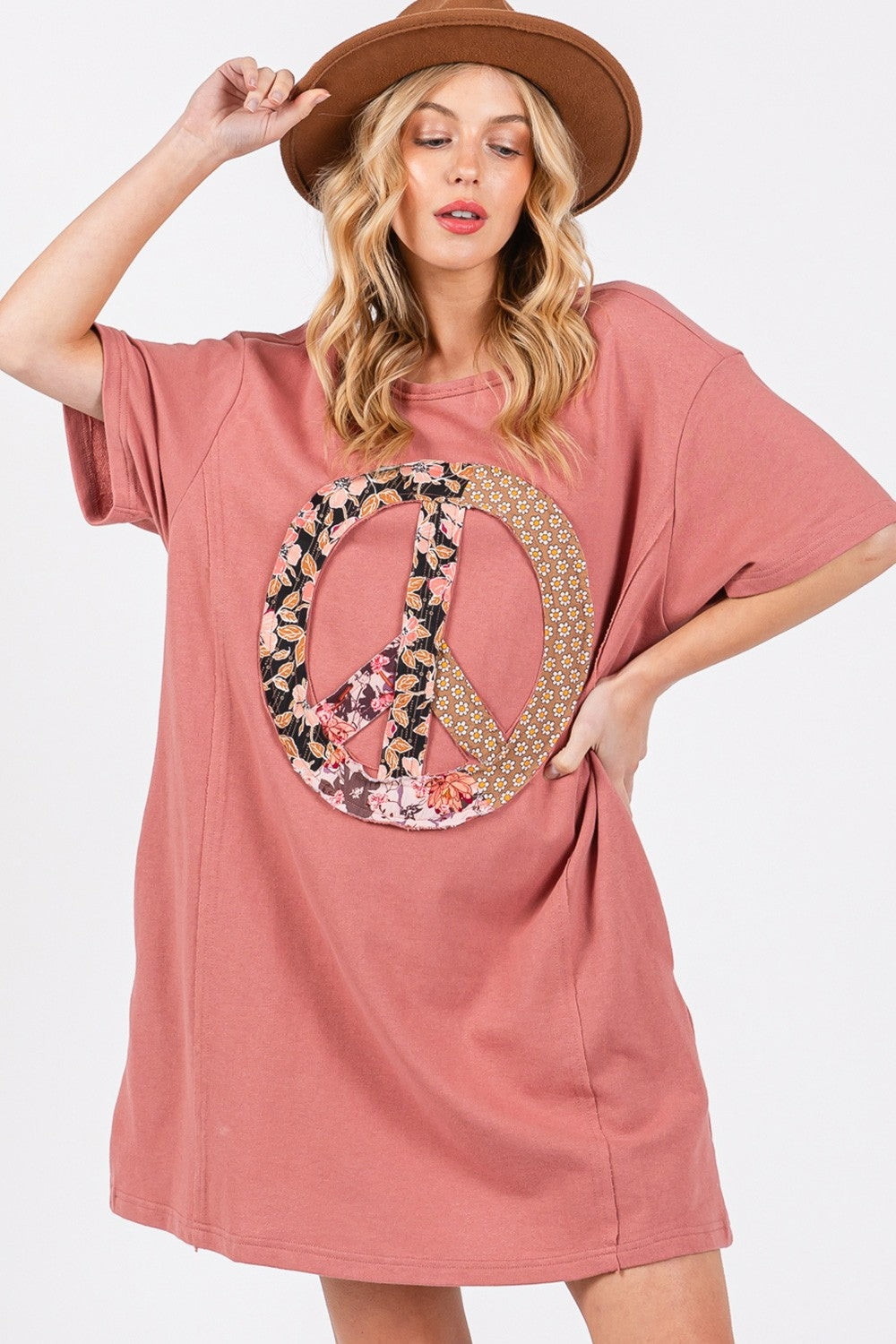 Sunset Vacation Plus Size Peace Sign Applique Short Sleeve Tee Dress Sunset and Swim Indian Red S 