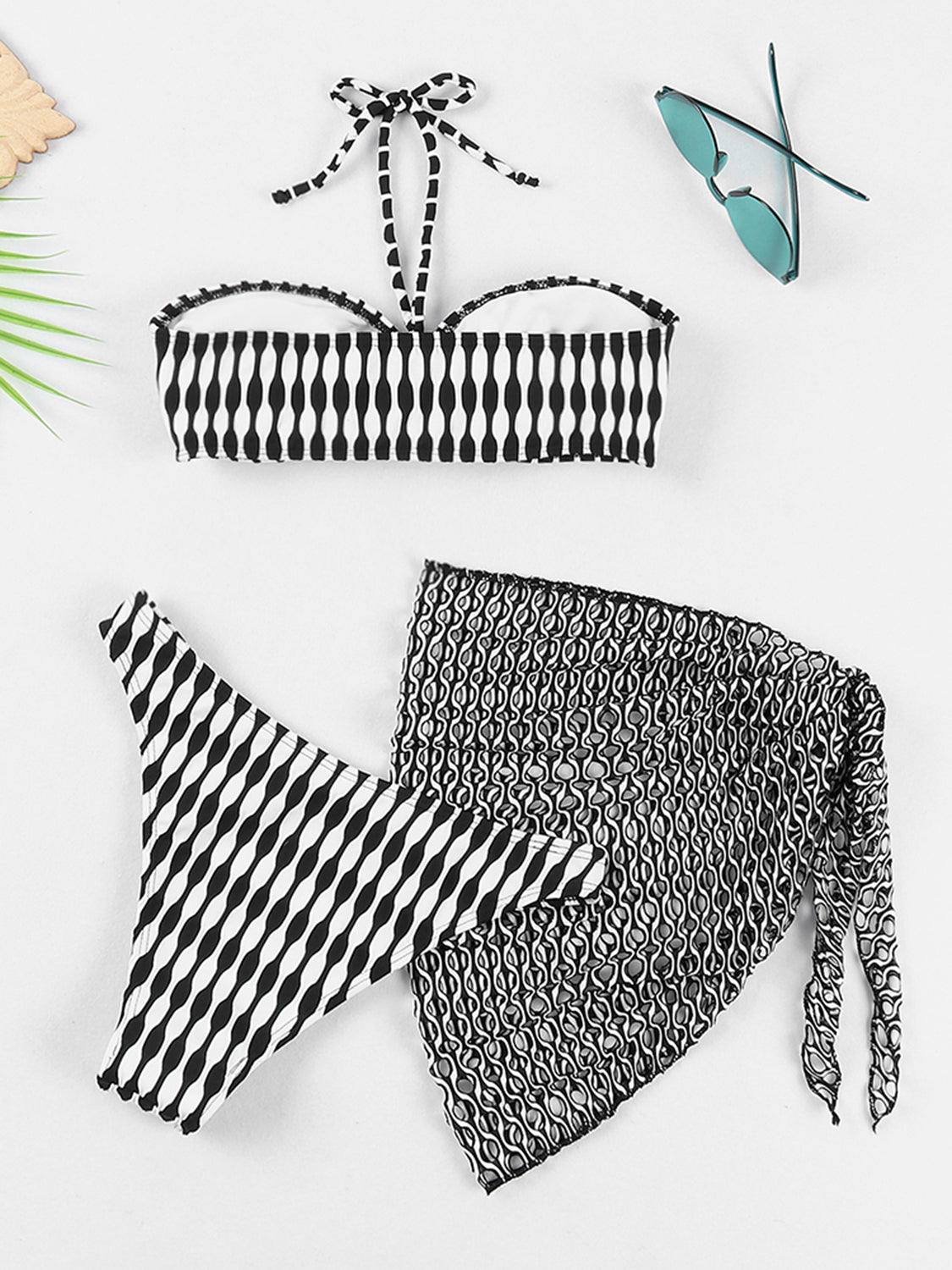 Geometric Halter Neck Three-Piece Swim Set Sunset and Swim   