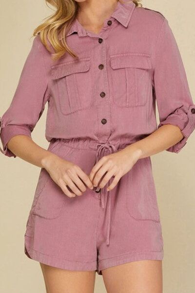 Collared Neck Drawstring Roll-Tab Sleeve Romper  Sunset and Swim   