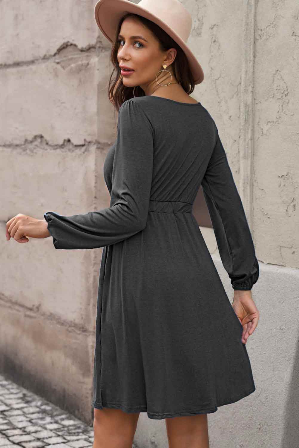 Plus Size Button Front Elastic Waist Long Sleeve Dress  Sunset and Swim   