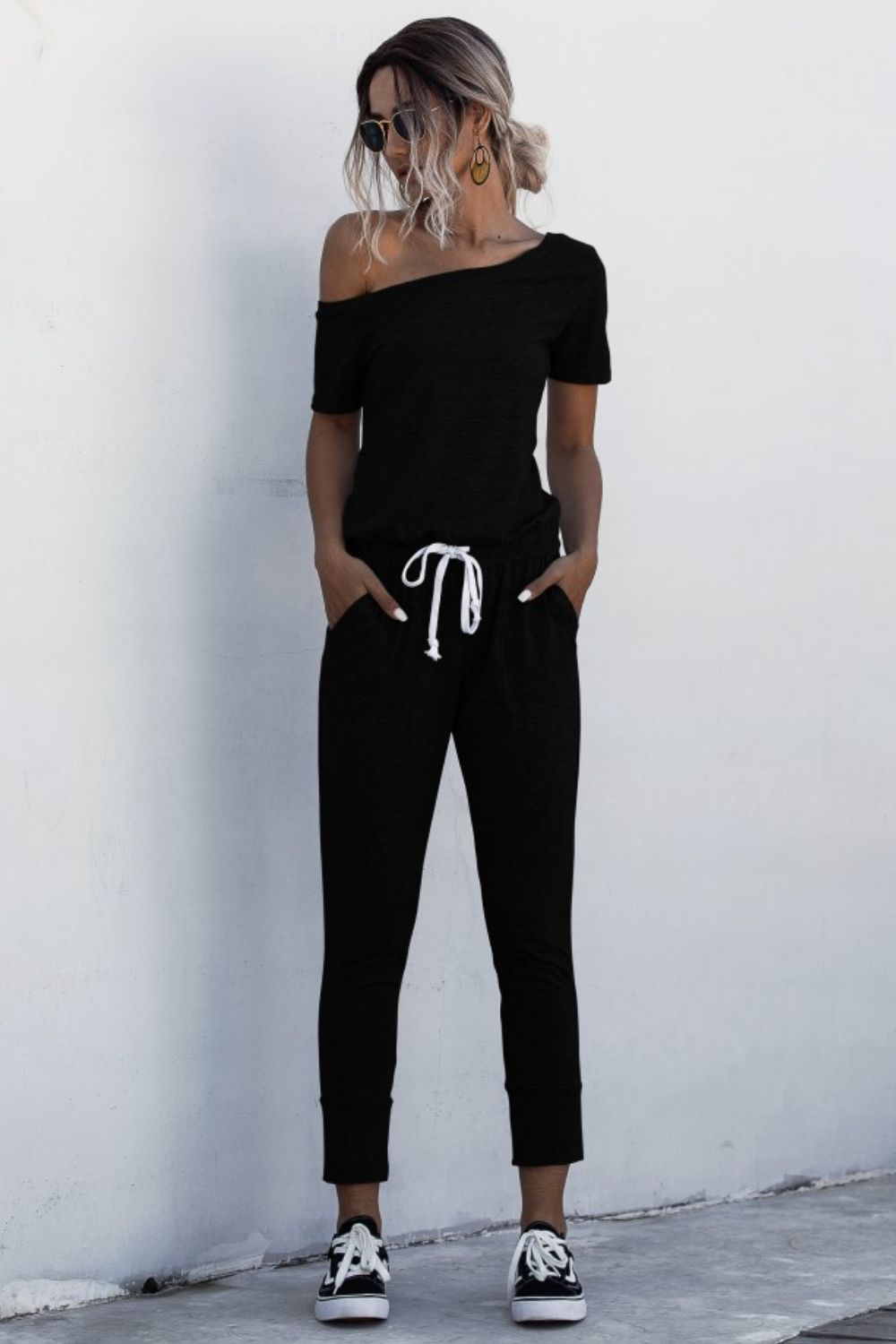 Asymmetrical Neck Tied Jumpsuit with Pockets  Sunset and Swim Black S 