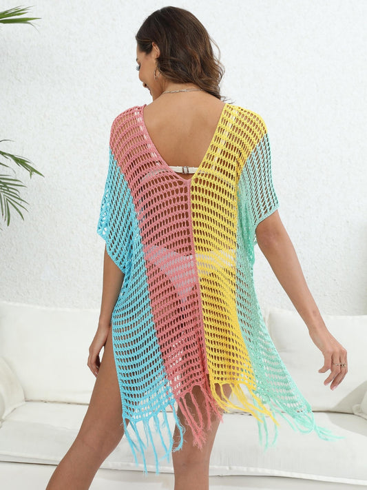 Sunset Vacation  Fringe Color Block Scoop Neck Cover Up  Sunset and Swim   