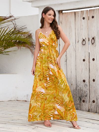 Printed Surplice Spaghetti Strap Dress Sunset and Swim   