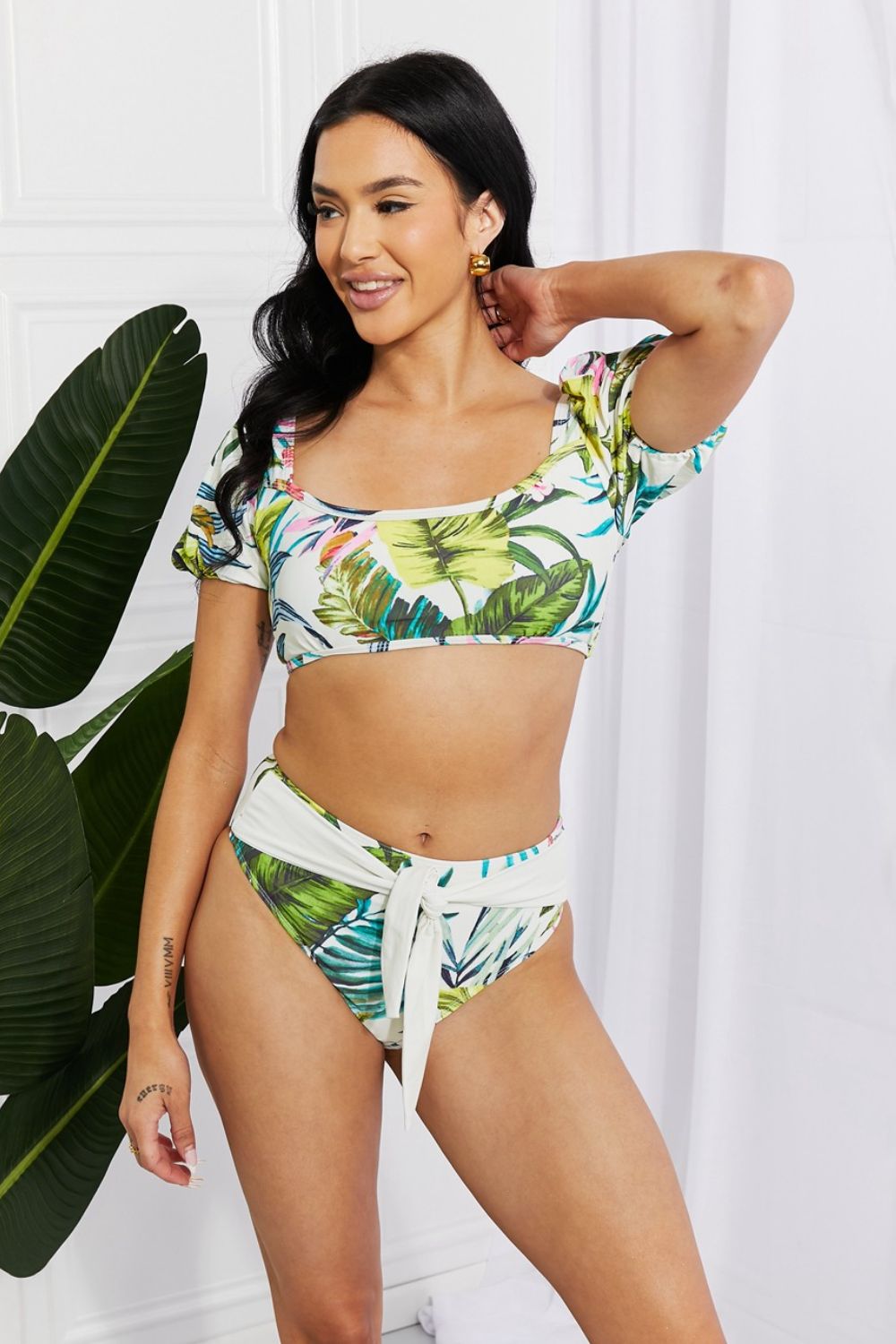 Marina West Swim Vacay Ready Puff Sleeve Bikini in Floral  Sunset and Swim Cream S 