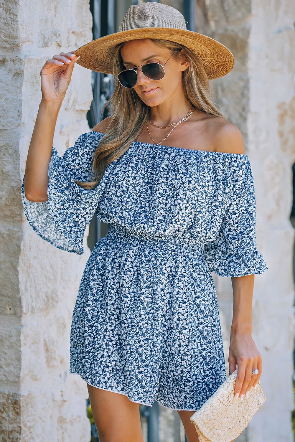 Printed Flounce Sleeve Off-Shoulder Romper Playsuit  Sunset and Swim Sky Blue S 