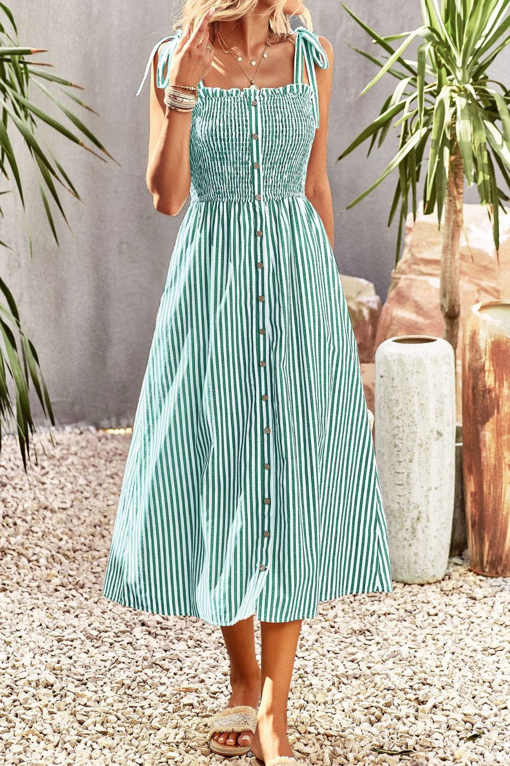 Smocked Tie Strap Sleeveless Striped Midi Dress Sunset and Swim   