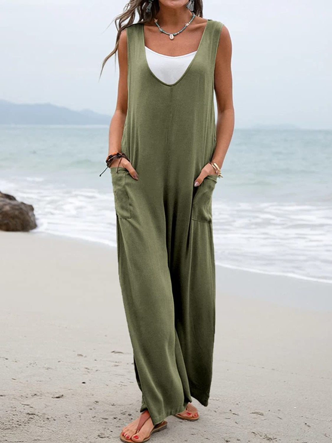 Sunset Vacation  Full Size Wide Strap Jumpsuit with Pockets Sunset and Swim Moss S 