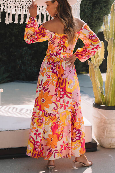 Printed Off-Shoulder Balloon Sleeve Maxi Dress Sunset and Swim   