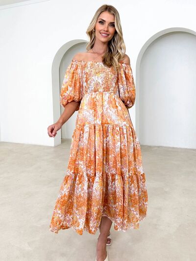 Printed Smocked Off-Shoulder Tiered Dress Sunset and Swim Mustard S 